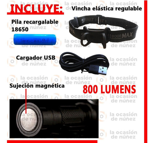 Imagen 3 de 7 de Linterna De Mano Frontal Spinit Tactica Recargable Hlmax800r
