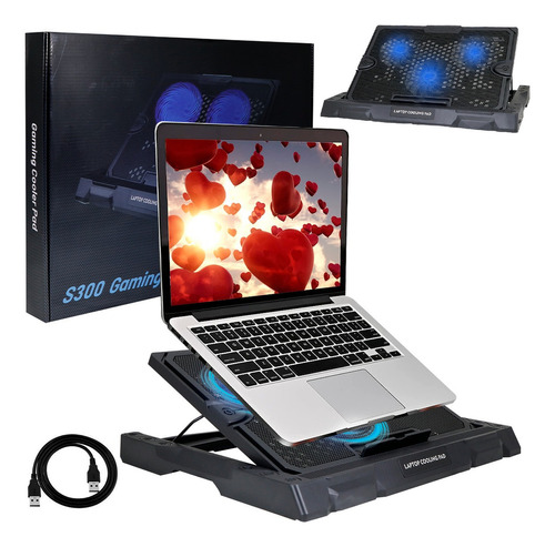 Base Enfriadora Para Laptop 6 Posiciones 3 Ventiladores Usb Color Negro Color del LED Azul