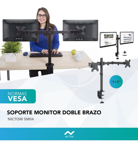 Soporte Doble Monitor Tv Led Lcd Brazo Escritorio 13 A 27 Color Negro