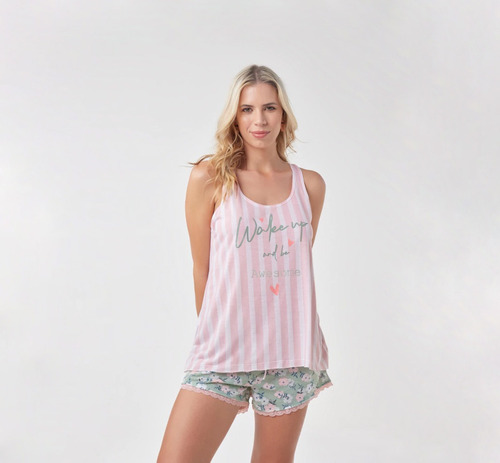 Pijama Musculosa De Algodón Estampado.  So Pink  Art - 11685