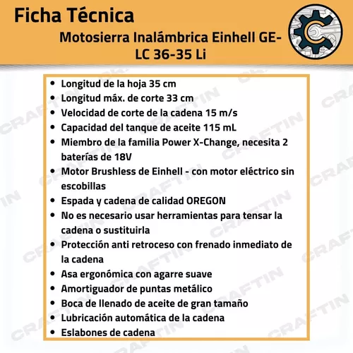 Motosierra Einhell Eléctrica A Batería Ge-lc 36/35 Li 36v