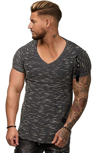 Hombres Manga Corta Poleras Cuello V Slim Fit Brazo Cremal