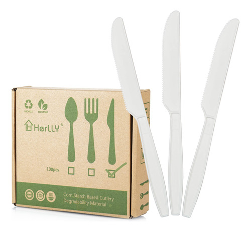 Herlly Cuchillo Compostable, 100 Cubiertos Biodegradables Pa