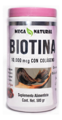 Biotina 10,000 Mcg Con Colágeno En Polvo Mega Natural 500 Gr Sabor Frutos Rojos