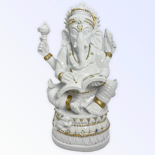 Escultura Ganesh Sabedoria 17 Cm Branca E Dourado Resina