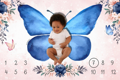 Lençol Mêsversário Cenário Para Fotos Bebê Borboletinha Cor Azul Desenho Do Tecido Borboleta