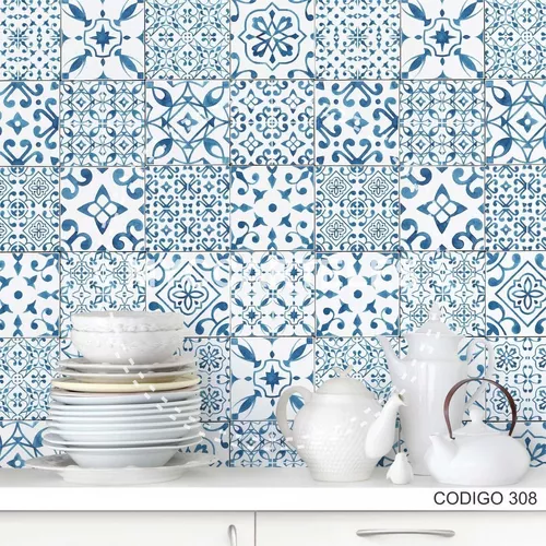 Vinilos para muebles Azulejos azules y blancos Papel Adhesivo