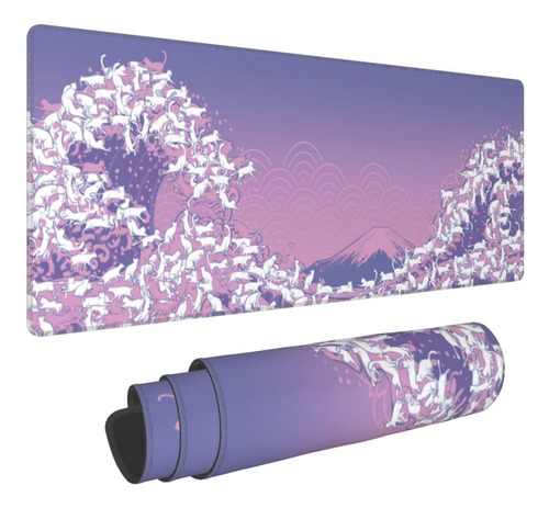 Japanese Cat Great Wave Purple Pink Xxl Xl Alfombrilla De De Gato Japonés Gran Ola Púrpura.