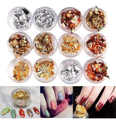 Minejin 12 Macetas/set Nail Art Oro Plata Paillette Flake Ch