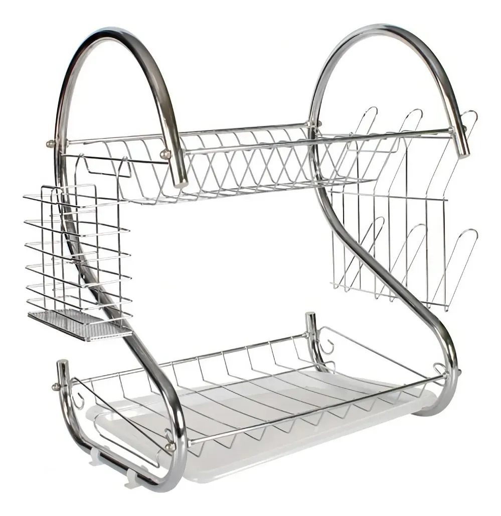 Seca Platos Acero Cromado 2 Niveles Bandeja Cubertero Fanpro Plateado