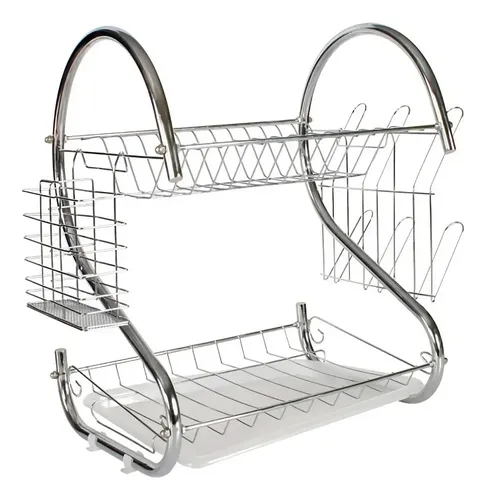 Seca Platos Acero Cromado 2 Niveles Bandeja Cubertero Fanpro Plateado