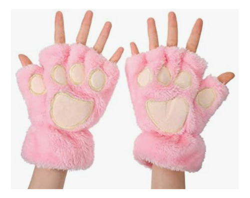 Guante De Invierno De Peluche Huellas De Gato Termicos Kawai Rosa Claro Peluche