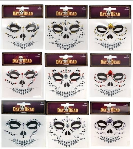 6 Pedrería Stickers Tatuajes Catrina Cara Disfraz Halloween