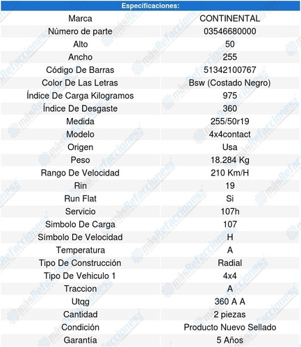 2 Llantas 255/50r19 107h Continental 4x4contact Run Flat