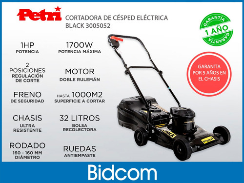 Imagen 2 de 9 de Cortadora Césped Eléctrica Petri Black 1hp 1700w Bolsa 32lts