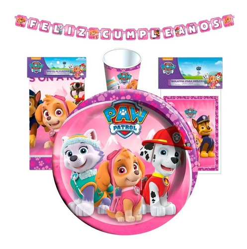 Kit Fiesta Paw Patrol Rosa Para 6 Niños.