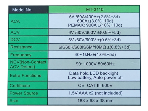 Pinza Amperometrica Digital Inteligente Proskit Mt-3110