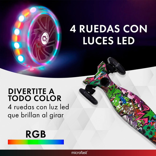 Monopatín Infantil Plegable Graffiti 4 Ruedas Luces Led Niño