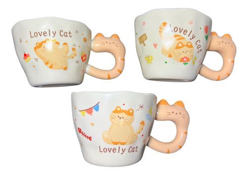 Taza Tazón Lovely Gatito Gato Kawai Alestilo Asa Original Blanco Y Crema Anaranjado Fiesta Gatuna