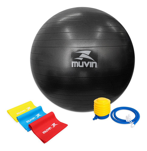 Bola Pilates 55 Cm Muvin - Até 300 Kg - Com Bomba + Luva Eva Cor Preto