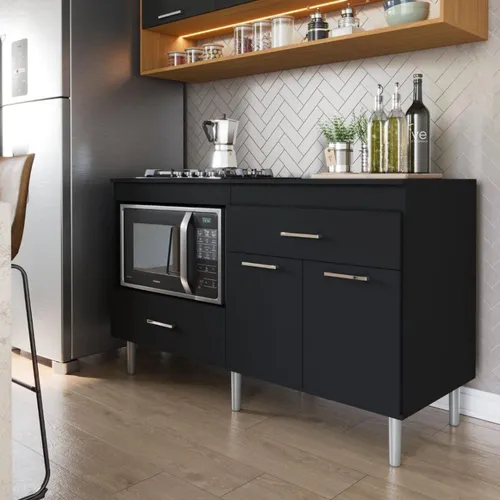 Balcão Para Cooktop 1,40m 5 Bocas 2 Portas Turim Preto