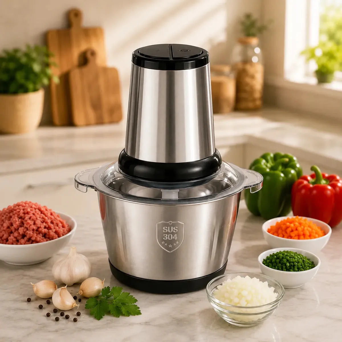 Multiprocessador Triturador De Alimentos Elétrico 2l Inox 304 Picador Carne Legumes Verduras Processador Cozinha 4 Lâminas Dupla Velocidade 110v Tigela Aço Inoxidável Meat Max Moedor Elétrico Prateado
