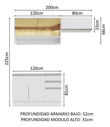 Cocina Integral Completa Modular Madesa Glamy 200cm 08 Color Blanco