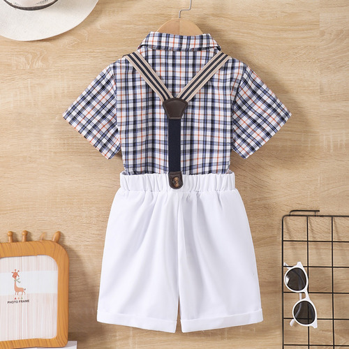 2pcs Conjunto Verano Camiseta A Cuadros Y Overol Para Niño Blanco 2-3 A