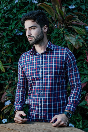Imagem 4 de 7 de Camisa Manga Longa Masculina Slim Fit Xadrez