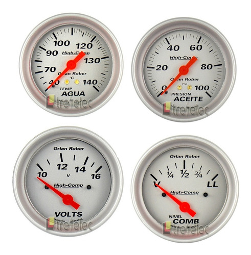 Kit De 4 Relojes Orlan Rober High Comp Temperatura De Agua + Presión De Aceite + Nivel De Combustible +  Voltímetro 
