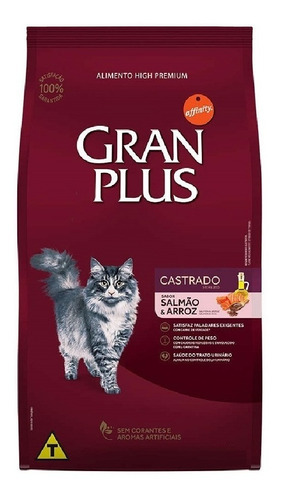 Alimento Gran Plus Castrados para gato adulto sabor salmão e arroz em sacola de 3kg