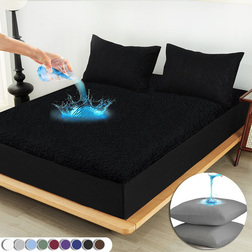 Cubre Colchon Impermeable Con Funda De Almohada Matrimonial Color Negro Diseño De La Tela Liso