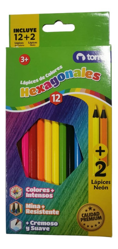 Lapices De Colores 12un + 2un Lapices Neon  Torre Hexagonal