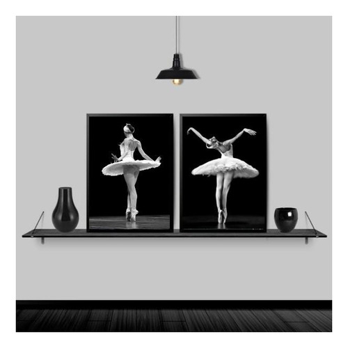 Kit 2 Quadros Fotografias Bailarinas 33x24cm Madeira Preta