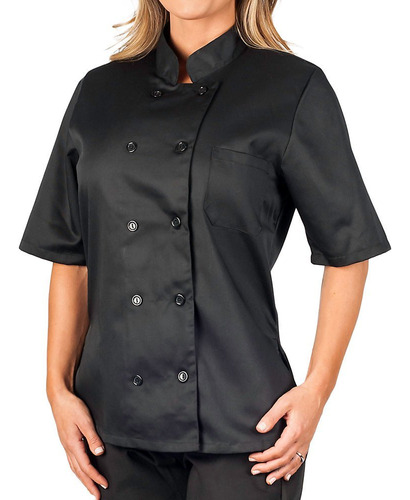 Abrigo De Chef Clasico De Manga Corta Para Mujer, Negro -