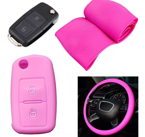 Cubre Volante + Funda Llave Silicona Vw Amarok Saveiro Rosa