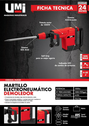 Imagen 2 de 4 de Martillo Demoledor Umi Hu020 1500w Sds Max Maletin 25j