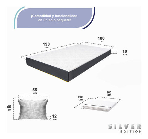 Colchón Individual En Caja 10 Cm + Juego Sábanas Y Almohada Blanco Con Gris