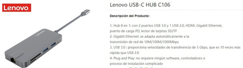 Lenovo Usb-c Hub C106 8 En 1  