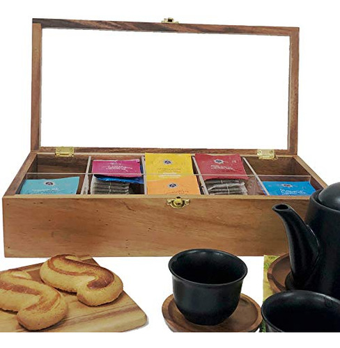 Caja De Té De Madera De Acacia Con Compartimentos Y Ventana