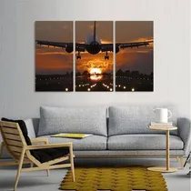 Comprar Quadros Decorativos Aviao Decolando Po Sol  Mosaico 3 Peças