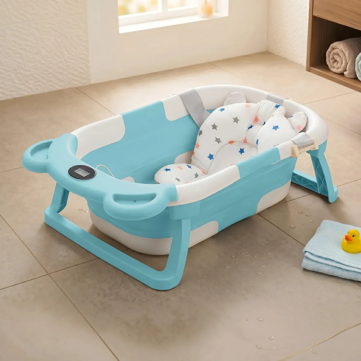 Bebbly Bañera Para Bebé Plegable Con Termómetro y Cojín, Tina De Baño Infantil Antideslizante (Azul)