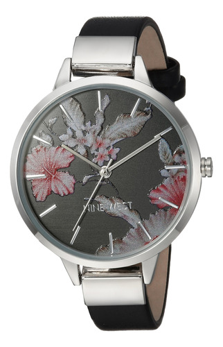 Nine West Reloj Con Correa De Esfera Floral Para Mujer, Neg.