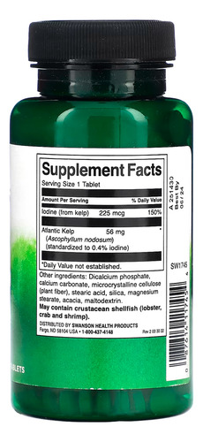 Swanson Kelp Iodo Algas Marinha 225mcg 250tabs 2un Sabor Sem Sabor