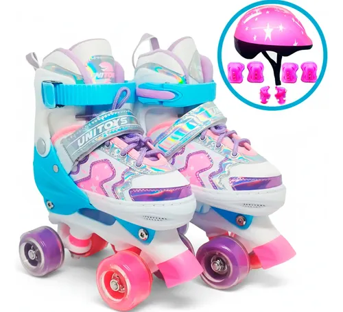 Patins Feminino Roller Infantil Kit Proteção Completo 32-35 Azul-celeste