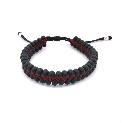 Pulsera Doble Tejida Bolitas Y Plata 925 Agálea Hombre Color Negro-rojo Diámetro 5 Cm Largo 16