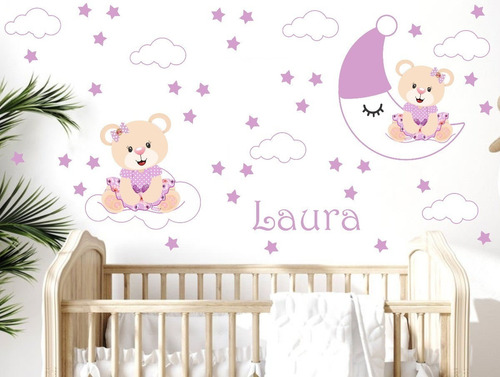 Adesivo De Parede Ursa Princesa Lua Nuvem E Nome Lilas