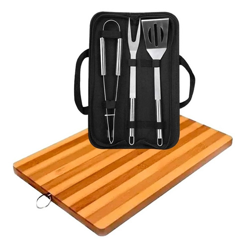 Kit De Asado 4 Piezas Acero + Estuche Regalo Mango De Madera