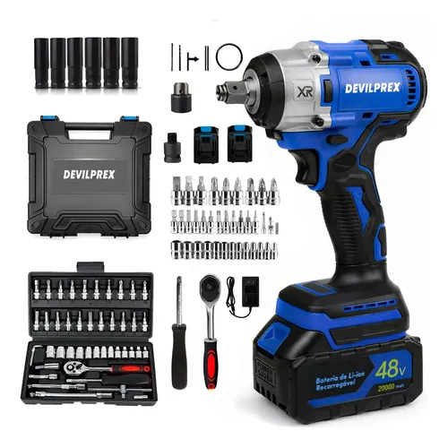 Kit Chave De Impacto Parafusadeira Furadeira Recarregável 48v + Jogo Soquete 46 Peças Azul Devilprex