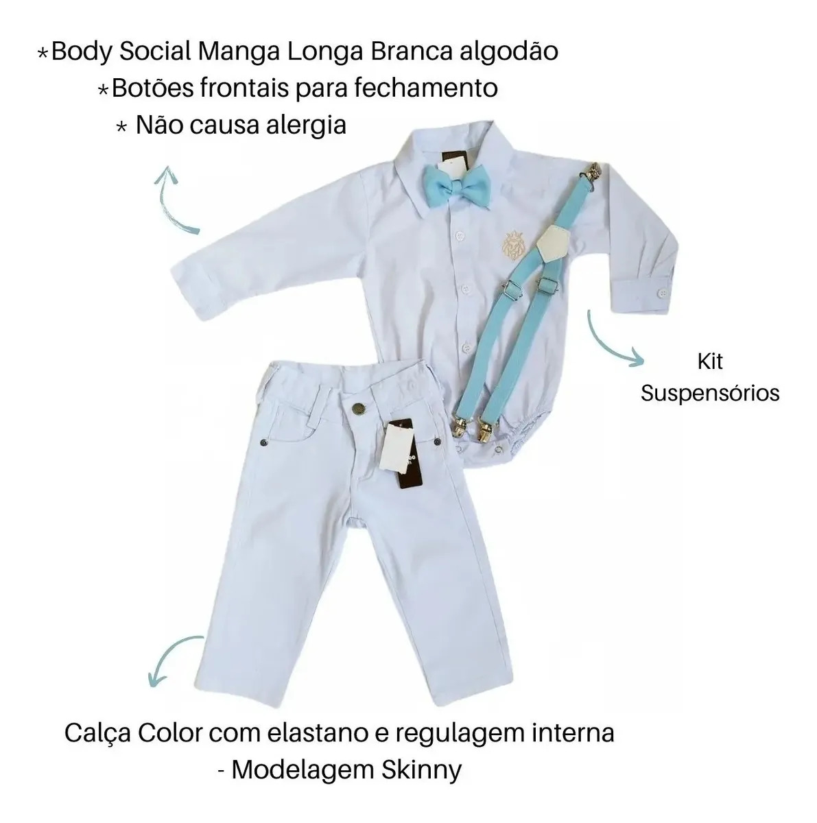 Conjunto Social para Batizado de Bebê Menino com 4 Branco e Azul Bebê